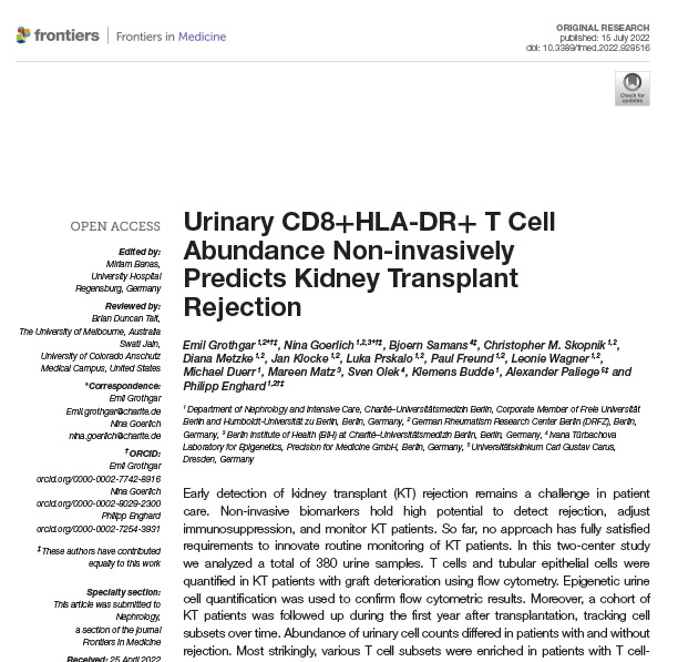 Urinary CD8+HLA-DR+ T Cell Abundance Non-invasively Predicts Kidney Transplant Rejection